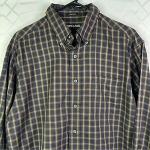 Kirkland Signature Non-Iron Blue/Brown Plaid Button-Down Shirt Size M
